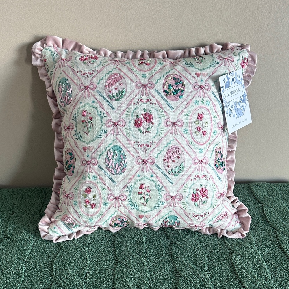 Shabby Chic Easter Egg 🥚 Pillow Pink Ribbon Bow Green Rose Ruffle Trim NEW!
